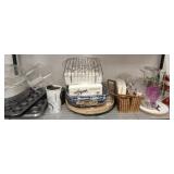 SHELF LOT OF MUFFIN PANS, NAPKINS, STARBUCK CUPS