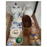TRAY OF MISC.,TEA POT, HOT PLATE,CUP AND SAUCER