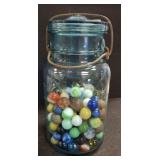 MARBLES IN VINTAGE BALL JAR