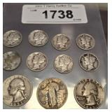 8 MERCURY DIMES, 3 WASHINGTON SILVER QUARTERS