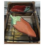 PYREX DISHES ON STAND, PEPPER SHAPE CLAY ART