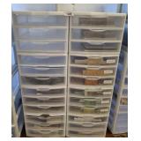 2 STACKS OF STORAGE BINS, FABRIC SAMPLES