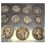 8 MERCURY DIMES, 3 WASHINGTON SILVER QUARTERS