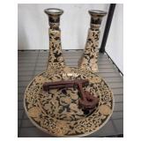 GOLD AND BLACK PLATE AND CANDLE STICK HOLDERS
