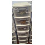 STACK OF STORAGE BINS, FABRIC SAMPLES