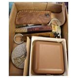 BRASS SCALE, TRAVEL CLOCK, FOLDING KNIFE, TOKENS