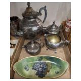 SILVER PLATED TEA SET, CELERY BOWL, MISC