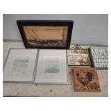 SMALL ASSORTED FRAMED PICTURES, CHICKEN, WINE,
