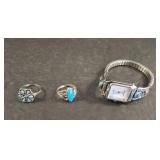 2 RINGS AND TURQUOISE STYLE WATCH