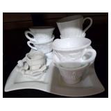 MILK GLASS MUGS, SNACK TRAY, MISC