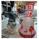 ETCHED CRANBERRY DECANTER AND DOLPHIN LAMP