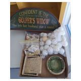 ASSORTED GOLFING ACCESSORIES AND SIGN