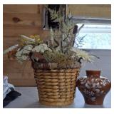 BASKET AND ARTIFICIAL PLANTS, SIGNED POTTERY