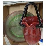 GLASS BASKET, GREEN DEPRESSION GLASS, MISC
