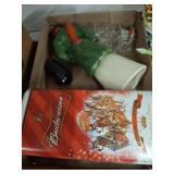 BUDWEISER TIN, DECANTER, SHOT GLASSES