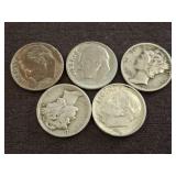2 MERCURY DIMES, 1 SILVER ROOSEVELT, 2 EARLY ROOSE