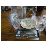 DECANTERS, MIRROR TRAY AND VASE **