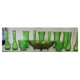 EMERALD GREEN FOOTED BOWL AND VASES