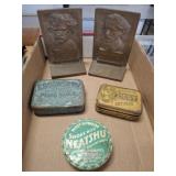 VINTAGE TINS  AND BRASS BOOKENDS