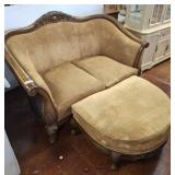 FRENCH PROVINCIAL LOVE SEAT AND OTTOMAN