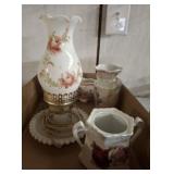 HURRICANE LAMP, OPALESCENT VASES