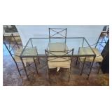 HEAVY IRON STRETCHER BASE GLASS TOP TABLE AND 4 CH