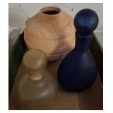 TERRA COTTA VASE, DECANTERS