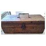 ANTIQUE WOODEN BOX OF FILM AND CAMERA