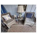2 RATTAN ARM CHAIRS, TABLE, LAMP AND SMOKERS