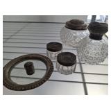 ASSORTED SILVER RIMMED AND CUT GLASS JARS, SOME