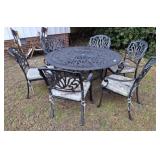 CAST ALUMINUM PATIO TABLE AND 6 CHAIRS, 54X 28