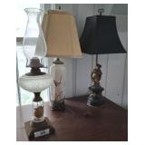 GROUP OF ASSORTED LAMPS, BRASS CHERUB, OIL, MISC