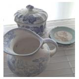 JARDINIERE PITCHER, SAUCERS, COVERED BOWL