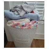 HAMPER AND CONTENTS, BLANKETS, THROWS, MISC