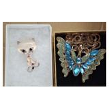 CAT/BUTTERFLY PIN AND BROOCH