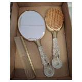 CUT GLASS HANDLE VANITY BRUSH AND MIRROR SET