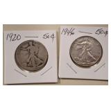 1946, 1920 WALKING LIBERTY SILVER HALF DOLLARS