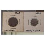 1868 2 CENT COIN, 1865 3 CENT COIN