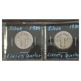 2 PC 1929, 1930 STANDING LIBERTY SILVER QUARTERS