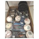 TRAY OF BASEBALLS,SPARK PLUGS, DIECAST BIKES