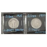2 PC 1925, 1930 STANDING LIBERTY SILVER QUARTERS