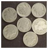 1906 BARBER SILVER QUARTER, 6 BUFFALO NICKELS