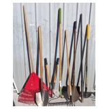 GROUP OF YARD TOOLS, SHOVELS, MISC