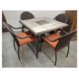 TILE TOP OUTDOOR TABLE AND 4 RESIN WICKER CHAIRS
