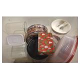 TOTE OF FOOD STORAGE CONTAINERS, POPCORN TIN