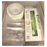 TOTE OF PLASTIC CUPS, FOOD SAVER SUPPLIES