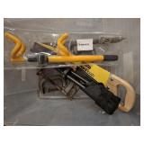 PLASTIC TOTE, WHEEL LOCK, CLAMPS, MISC