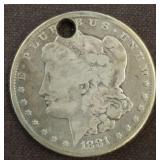 1881 MORGAN SILVER DOLLAR, DRILLED