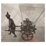 ORIENTAL CAST BRAS CART AND GLASS VASE- 12X13