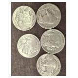 5 BUFFALO NICKELS